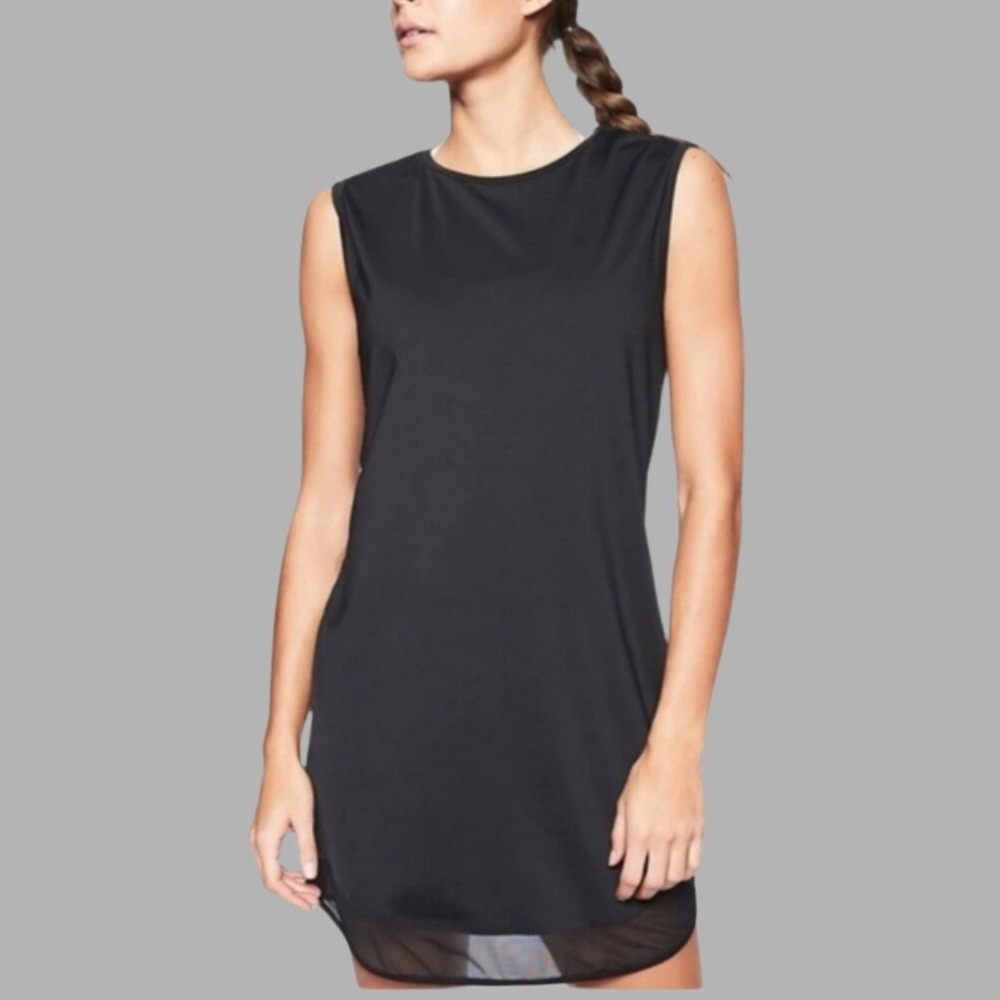 Athleta‎ Sunlover Tank Dress Sz Small Tall Black Mesh Hem Casual Athleisure